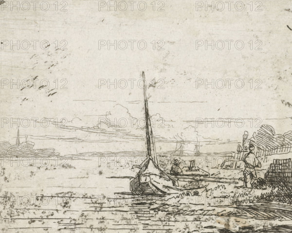 Ship at a bank, print, printmaker: Lambertus Hardenberg (1822-1900), The Hague, c. 1837 - 1900, paper, chine collé, etching, etching on chine collé, height 75 mm x width 99 mm, river (landscape with figures, staffage), boat propelled by man or animal, A wide expanse of pale, textured paper shows fine ink lines forming a waterscape with a tall, narrow mast rising from a small boat at the shoreline, a seated figure near the boat, and a standing figure near stacked crates. Cloud outlines stretch across the horizon and faint sketchy lines suggest distant boats on the water. The foreground includes rippling water lines, scattered specks and smudges on the paper, and areas of denser crosshatching indicating shore and boat details. The right edge shows the suggestion of more piled objects and partial figures rendered in thin, delicate strokes.