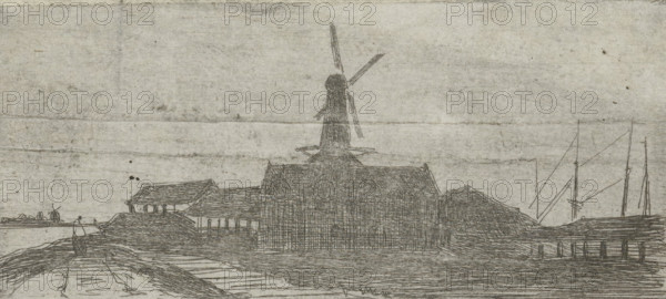 Complex with mill on a river, print, Complex with a windmill, on a dike, with a beginning for a walking figure on the left and several boat masts visible on the right., printmaker: Lambertus Hardenberg (1822-1900), The Hague, c. 1837 - 1900, paper, chine collé, etching, etching on chine collé, proof, height 38 mm x width 83 mm, factories and mills in landscape, A monochrome sketch of a waterside scene showing several buildings with pitched roofs clustered along a shoreline, a tall windmill with visible sails rising behind the central structure, a dock or pier extending from the right edge with vertical posts, thin masts and rigging of ships visible near the right side, low embankments and textured ground in the foreground, and a simple horizon line under a plain, lightly textured sky.