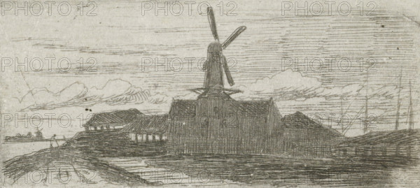 Complex with mill on a river, print, Complex with a windmill, on a dike, with a beginning for a walking figure on the left and several boat masts visible on the right., printmaker: Lambertus Hardenberg (1822-1900), The Hague, c. 1837 - 1900, paper, chine collé, etching, etching on chine collé, proof, height 38 mm x width 83 mm, factories and mills in landscape, A monochrome sketch shows a landscape dominated by a large windmill with visible sails atop a tall central structure, flanked by low buildings with pitched roofs. The foreground features textured ground and water with horizontal etching lines and linear reflections, while the middle distance includes additional small buildings and a distant smaller windmill near the horizon. The sky is filled with long horizontal hatch marks and a band of softly outlined clouds stretching across the scene. Overall the image is composed of fine linear strokes and crosshatching creating tonal variation.