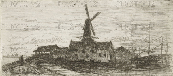 Complex with mill on a river, print, Complex with a windmill, on a dike, with a walking figure on the left and several boat masts visible on the right., printmaker: Lambertus Hardenberg (1822-1900), The Hague, c. 1837 - 1900, paper, chine collé, etching, etching on chine collé, proof, height 38 mm x width 83 mm, factories and mills in landscape, A monochrome sketch shows a flat landscape with a large windmill structure at the center, its sails extending upward and angled. Low buildings with pitched roofs surround the windmill, and a cluster of masts and rigging from ships appears to the right. A figure stands on a rough path in the foreground, facing toward the buildings. Clouds are sketched across the sky, and horizontal lines and crosshatching provide texture to the ground, structures, and sky.