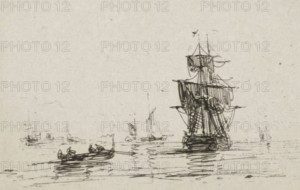Navy with sailing ship, print, printmaker: Maurits Frederik Hendrik de Haas, Rotterdam, 1854 - 1856, paper, chine collé, etching, etching on chine collé, height 64 mm x width 92 mm, sailing-ship, sailing-boat, A sketched scene on light textured paper showing several small boats and a larger sailing ship on calm water, drawn with dark ink lines and hatching; the large ship has multiple masts, rigging, and furled sails, while smaller rowboats with figures are near the foreground and other sailboats appear faintly in the distance, all reflected in rippling ink strokes on the water.