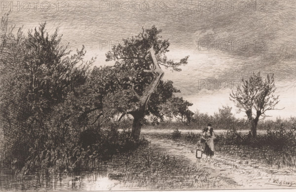 Woman with child on a country road, print, inscription: 'boeken 1890 N 2399', printmaker: Eduard Weichberger, publisher: Weimarer Radierverein, Weimar, 1883, Thüringen, paper, chine collé, etching, intaglio printmaking technique, height 198 mm x width 298 mm, Print is part of a group of prints published between 1880 and 1888 by the Gesellschaft für Radierkunst in Weimar., landscapes, mother and child(ren), woman and child(ren) (family group), trees: willow, pond, pool, A monochrome sketch of a riverside scene with dense, crosshatched trees and foliage along the left and center, a large gnarled tree with spreading branches near the middle, and a more sparsely leaved tree on the right; a winding path runs along the water's edge where two figures, an adult and a child, stand close together on the path; the sky is filled with textured, swirling hatch marks suggesting cloud cover, and there is a reflection of dark vegetation in the water near the foreground.