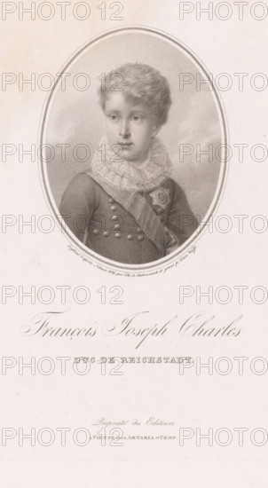 Portrait of Napoleon Frans Karel Jozef Bonaparte, print, printmaker: David Weiss, Vienna, after drawing by Philipp von Stubenrauch, publisher: Artaria & Co., 1819, Lower Austria, paper, engraving, stippelwerk, height 317 mm x width 227 mm, Person, Napoleon II (King of Rome, Emperor of the French), historical persons, An oval portrait of a young person with short curly hair wearing a high ruffled collar and a dark buttoned garment with a sash and a rosette pinned to the chest, surrounded by a dotted vignette and set against a pale background with faint spotting, with decorative script and smaller printed text visible below the portrait.