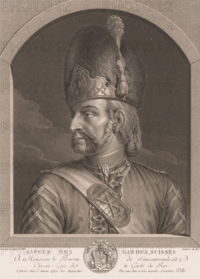 Sapeur des gardes Suisses, Soldier of the Swiss Guard, print, Series number, 23, printmaker: Johann Georg Wille, Paris, dedicated to: baron de Soursanvauli, 1779, paper, engraving, etching, height 260 mm x width 194 mm, This print is part of a series of unknown size based on Dutch and German paintings. On some prints it is indicated at the top left which number in the series it concerns., the soldier, the soldier's life, A detailed engraved portrait shows a man in profile wearing a tall, plumed hat with decorative banding and a tassel, his face framed by muttonchop sideburns and a mustache, and his gaze directed outward; he is dressed in a uniform with a high collar, a sash across his chest fastened by a decorative clasp, and patterned sleeves, all rendered with fine line work; the figure is set within an arched frame against a textured background, with an ornamental circular emblem below the arch and decorative borders surrounding the composition.
