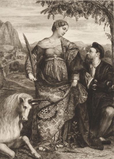 Heilige Justina, Die Heilige Justina, print, printmaker: William Unger, after painting by Alessandro Bonvicino Moretto, printer (person): A. Pisani, publisher: Hugo Othmar Miethke, Vienna, 1861 - 1889, printer (person), Lower Austria, paper, chine collé, etching, intaglio printmaking technique, height 399 mm x width 294 mm, unicorn, the virgin martyr Justina of Padua, possible attributes: crown, palm, (knife or) sword through her bosom, A detailed monochrome engraving shows a standing woman in ornate patterned robes with a delicate shawl draped over her shoulders, holding a long palm frond and looking downward; beside her, a seated bearded man wearing a dark cap and richly textured clothing gazes up at her with hands clasped near his chest; at their feet a reclining horned animal rests its head near the woman's skirt; behind them a rolling landscape with distant buildings and rocky hills stretches under a lined sky, and tree branches with leaves frame the upper edge of the image.