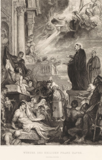 Miracle of Saint Francis Xavier, Miracle of the Saints Franz Hugo Othmar Miethke, printmaker, after painting by, printer (person), publisher, Vienna, Lower Austria, Peter Paul Rubens, paper, chine collé, etching, intaglio printmaking technique, height 368 mm x width 253 mm, Person, Francis Xavier, St. Francis Xavier as missionary in the East Indies performing miracles, A large detailed monochrome scene shows a crowd of people gathered around a raised platform in front of an architectural setting with tall columns; a robed figure stands on the platform with arms extended toward the crowd while another robed person stands nearby; many figures below and around the platform display a range of poses and expressions, some reclining or lying on slabs, some seated or kneeling, and others leaning or reaching upward; at the upper right a group of winged figures and cloudlike forms occupy the sky, with a beam of light or radiance extending down toward the central area; sculptural busts and carved...