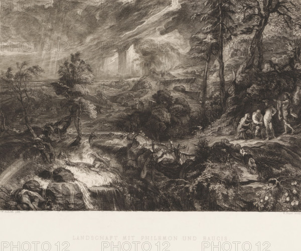 Landscape with Philemon and Baucis, Landschaft mit Philemon und Baucis, print, printmaker: William Unger, after painting by Peter Paul Rubens, printer (person): A. Pisani, publisher: Hugo Othmar Miethke, Vienna, 1861 - 1889, printer (person), Lower Austria, paper, chine collé, etching, intaglio printmaking technique, width 348 mm x height 450 mm, Philemon and his wife Baucis hospitably entertain Jupiter and Mercury in travelers' guise, possibly a goose, which they try to kill for the occasion, flies to the visitors for refuge, A detailed monochrome landscape engraving showing a dramatic sky with heavy clouds and streaks of light above a rolling countryside with hills, trees, and distant structures; a river cascades over rocky ledges in the foreground, flowing past fallen branches and rounded boulders; clusters of trees and dense foliage fill the midground, with winding paths and terraces leading toward a distant settlement; on the right, a group of human figures stand and sit near a la...