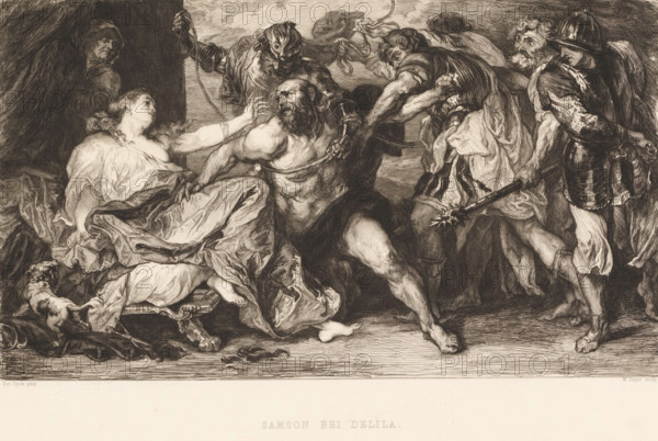 Simson and Delilah, Samson and Delilah, print, printmaker: William Unger, after painting by Anthony van Dyck, printer (person): A. Pisani, publisher: Hugo Othmar Miethke, Vienna, 1861 - 1889, printer (person), Lower Austria, paper, chine collé, etching, intaglio printmaking technique, height 307 mm x width 430 mm, story of Samson and Delilah (Judges 16:4-21), A monochrome etching showing a chaotic interior scene with several figures in dramatic poses, centered on a muscular bearded man seated and leaning forward as he reaches toward a reclining woman who raises one arm toward him; the woman wears flowing drapery and lies on a cushioned surface with fabric cascading beneath her and a small dog at the foot of the seat; surrounding them are armed men in varied armor and garments, one holding a spiked club and others grasping ropes and the central man's limbs, while a helmeted figure stands to the right and an ominous hooded figure watches from the shadows on the left; the composition emph...