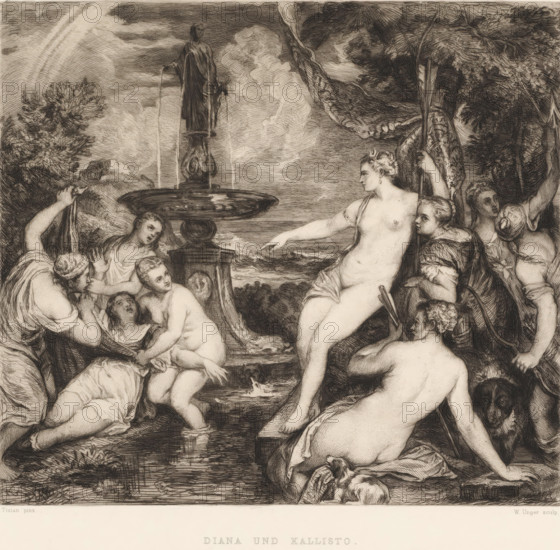 Diana and Callisto, Diana und Kallisto, print, printmaker: William Unger, after painting by Titiaan, printer (person): A. Pisani, publisher: Hugo Othmar Miethke, Vienna, 1861 - 1889, printer (person), Lower Austria, Titian, paper, chine collé, etching, intaglio printmaking technique, height 297 mm x width 321 mm, Jupiter, in the guise of Diana, and Callisto, A detailed monochrome engraving shows a group of partially draped and nude figures gathered around a stone fountain with a carved pedestal and a standing statue at its center from which streams of water flow; a reclining central female figure gestures outward while others around her sit, lean, and hold drapery or staffs, their hair styled and expressions varied; surrounding foliage and trees frame the scene above a pool whose surface reflects light, and a rocky shoreline and clouds form the distant background; a small dog lies near the seated figures and decorative fabric and carved architectural elements appear near the corners.