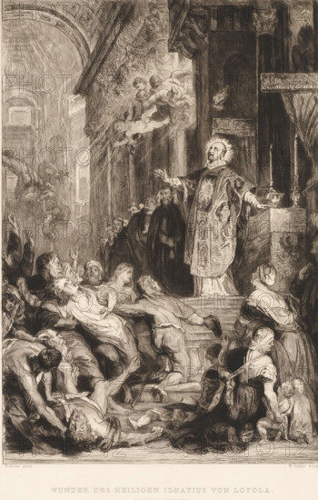 Wunder of the Saints Ignatius von Loyola, Saint Ignatius of Loyola heals the possessed, print, printmaker: William Unger, after painting by Peter Paul Rubens, printer (person): A. Pisani, publisher: Hugo Othmar Miethke, Vienna, 1861 - 1889, printer (person), Lower Austria, paper, chine collé, etching, intaglio printmaking technique, height 369 mm x width 252 mm, miraculous healings of St. Ignatius of Loyola, A crowded interior scene rendered in dark, detailed lines shows a robed clergyman standing on a raised platform with arms outstretched and a halo-like glow around his head, facing a chaotic throng below; several men in clerical robes stand behind him near an altar with tall candles and ornate elements, while cherubic figures float above, bathed in light and reaching toward the scene; the foreground is filled with numerous people in varying states of distress and supplication, some carrying others, some reaching up, and some collapsed on the ground, their faces and bodies drawn with...