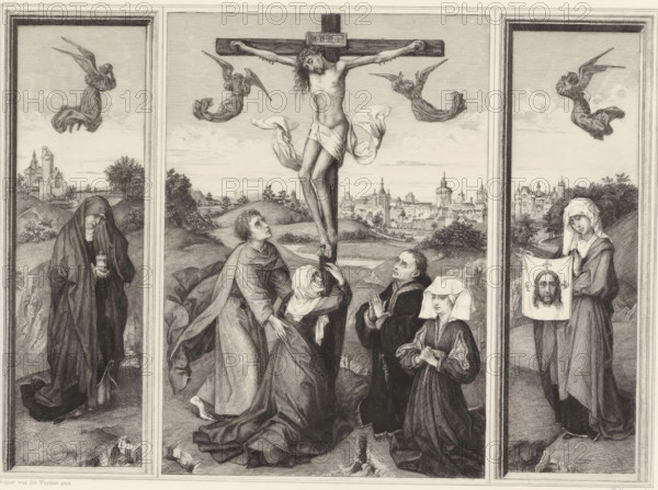 Crucifixion Altar, Triptychon, print, printmaker: William Unger, after painting by Rogier van der Weyden, printer (person): A. Pisani, publisher: Hugo Othmar Miethke, Vienna, 1861 - 1889, printer (person), Lower Austria, paper, chine collé, etching, intaglio printmaking technique, height 296 mm x width 399 mm, crucified Christ, with particular persons under the cross (donor(s), supplicant(s), whether or not with patron saint(s)), A triptych-style engraving shows a central panel with a crucified man on a wooden cross, his head tilted and long hair falling, a cloth draped around his waist and strips of fabric flowing; two winged angels hover near the cross; below, several robed figures kneel and stand in various gestures of grief and supplication, some with covered heads and detailed drapery folds; the left panel depicts a solitary robed woman holding a small vessel, standing on rocky ground with distant buildings and trees behind her and a single angel above; the right panel shows a rob...