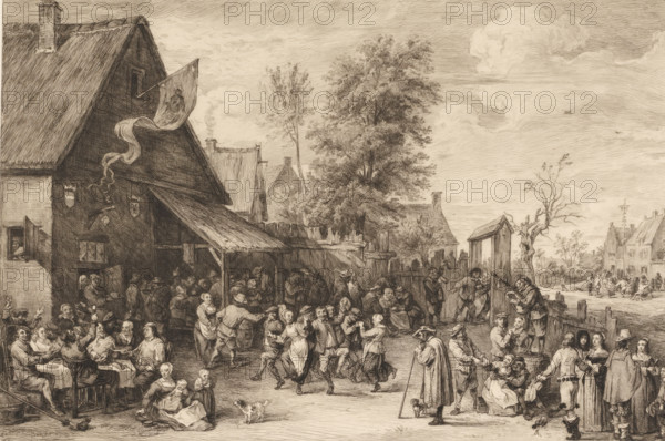 Dorfkirmes, Village Fair, print, printmaker: William Unger, after painting by David Teniers (II), printer (person): A. Pisani, publisher: Hugo Othmar Miethke, Vienna, 1861 - 1889, printer (person), Lower Austria, paper, chine collé, etching, intaglio printmaking technique, height 356 mm x width 417 mm, pleasure fair and circus, hotel, hostelry, inn, folk dancing (men and women together), A sepia-toned drawing of a lively village scene with many people gathered in front of buildings with steep thatched roofs and a covered porch, figures sitting at a table, others dancing in the street, people talking in groups, a woman seated on the ground holding a child, a small dog near the center, an elderly man with a cane standing nearby, a man peering through or operating a gate-like structure, clusters of trees behind the buildings, a flag with flowing fabric attached to a building, clouds in the sky, and distant houses and figures along a road.
