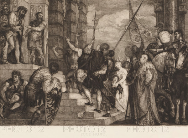 Christ Shown to the People (Ecce homo), Ecce Homo, print, printmaker: William Unger, after painting by Titiaan, printer (person): A. Pisani, publisher: Hugo Othmar Miethke, Vienna, 1861 - 1889, printer (person), Lower Austria, Titian, paper, chine collé, etching, intaglio printmaking technique, height 275 mm x width 387 mm, Pilate showing Christ to the people, 'Ostentatio Christi', 'Ecce Homo' (John 19:4-6), A densely detailed monochrome scene shows a crowd gathered on and beside a wide stone staircase leading into an architectural opening; figures wear a variety of garments including armor, robes, and draped cloth, and several hold long poles topped with ornamental spearheads or banners. On the left, a few men stand on the upper step near a doorway, one of them partially unclothed and another clad in armor gesturing outward. Descending and ascending figures fill the steps, some bent over, some looking up, and one carrying a decorative shield. Toward the center right, a small pale-face...