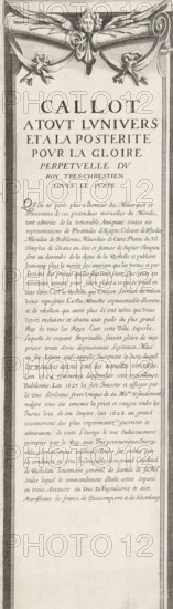 Siege of La Rochelle, September 1627-October 1628 (text, top-left section), Callot a tout lunivers et a la posterité pour la gloire perpetuelle du roy tres-chrestien Louys le Juste, print, historical print, text sheet, Sixteenth section (text, top-left section) of a print of the siege of the Huguenot stronghold of La Rochelle in the years 1627 and 1628, which was carried out by order of the French king by the French army under the command of Cardinal Richelieu. On this sheet a general explanation of the subject of the print, in French., printmaker, France, paper, engraving, height 580 mm, width 163 mm, La Rochelle, Period, 1627 - 1628, A tall vertical engraved sheet with a decorative header featuring a winged cherubic figure with flowing drapery and ribbon-like scrolls, below which is a large centered title in capital letters followed by several lines of smaller serif text set within a bordered column, then a long block of densely set cursive-like script filling much of the central col...