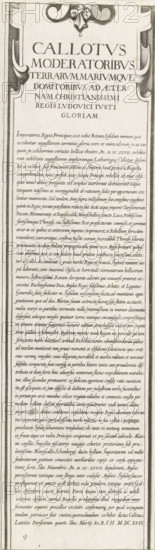 Siege of Saint Martin on the Île de Ré, July-November 1627 (text, top-right part), Callotus moderatoribus terrarum, mariumque domitoribus ad aeternam christianissimi regis Ludovici Iusti gloriam, print, historical print, text sheet, Series number, 9, 10?, Sixteenth part (text, top-right part) of a print of the siege of the citadel Saint Martin on the Île de Ré in 1627, which was carried out by English troops led by the Duke of Buckingham and was ended by French troops led by Cardinal Richelieu. On this sheet, a general explanation of the subject of the print, in Latin., printmaker, writer (clerical worker), France, Charles Delorme, paper, engraving, gravure, height 575 mm x width 171 mm, Ile de Ré, Period, 1627, A tall, narrow printed page with ornate borders and decorative elements at the top including a ribboned bow and stylized scrollwork, containing a large centered heading in capital letters followed by multiple dense lines of smaller, closely set text arranged in a single justifi...