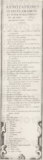 Siege of Saint Martin on the Île de Ré, July-November 1627 (text, bottom right section), print, historical print, text sheet, Sixteenth part (text, bottom right section) of a print of the siege of the citadel of Saint Martin on the Île de Ré in 1627, which was carried out by English troops led by the Duke of Buckingham and was ended by French troops led by Cardinal Richelieu. On this sheet the legend to the central map, in Latin., printmaker, writer (clerical worker), France, Charles Delorme, paper, engraving, height 583 mm, width 163 mm, Île de Ré, Period, 1627, A tall, narrow printed page with a decorative border and ornate corner scrollwork, topped by a large title in capital letters; below the title is a subtitle in smaller capitals and a short line of centered text. The main body consists of a vertical list of handwritten entries in neat cursive, each beginning with a small symbol or mark in the left margin and spaced with faint horizontal guide lines. The script varies slightly i...