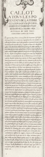 Siege of Saint Martin on the Île de Ré, July-November 1627 (text, top-left part), Callot a tous les potentats de la terre et a tous ceux qui possedent et dominent les mers pour la gloire perpetuelle du roy tres-chrestien Louis le Juste, print, historical print, text sheet, Series number, 7, 10?, Sixteenth part (text, top-left part) of a print of the siege of the citadel Saint Martin on the Île de Ré in 1627, which was carried out by English troops led by the Duke of Buckingham and was ended by French troops led by Cardinal Richelieu. On this sheet, a general explanation of the subject of the print, in French., printmaker, writer (clerical worker), France, Charles Delorme, paper, engraving, gravure, height 577 mm x width 164 mm, Ile de Ré, Period, 1627, A tall vertical printed page with an ornate decorative border and a floral emblem at the top, featuring a large centered title in capital letters followed by multiple lines of smaller printed text in a serif typeface that fill the page d...
