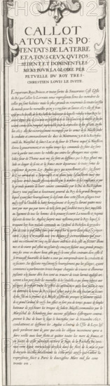 Siege of Saint Martin on the Île de Ré, July-November 1627 (text, top-left part), Callot a tous les potentats de la terre et a tous ceux qui possedent et dominent les mers pour la gloire perpetuelle du roy tres-chrestien Louis le Juste, print, historical print, text sheet, Sixteenth part (text, top-left part) of a print of the siege of the citadel Saint Martin on the Île de Ré in 1627, which was carried out by English troops led by the Duke of Buckingham and was ended by French troops led by Cardinal Richelieu. On this sheet, a general explanation of the subject of the print, in French., printmaker, writer (clerical worker), France, Charles Delorme, paper, engraving, gravure, height 573 mm, width 161 mm, Ile de Ré, Period, 1627, A tall vertical printed page framed by an ornate engraved border with decorative scrollwork at the top, featuring a large heading in uppercase serif letters beneath a small floral engraving. Below the heading, dense blocks of handwritten-style text fill the rem...