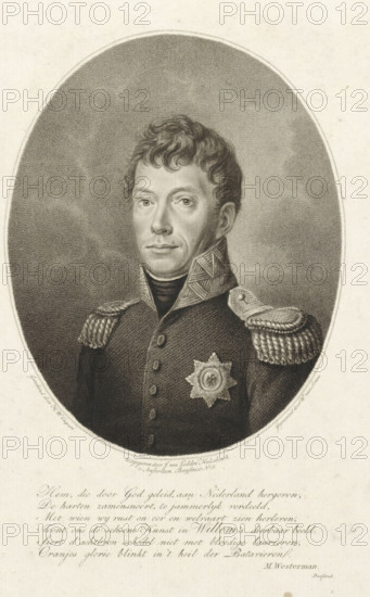 Portrait of William I Frederick (King of the Netherlands), print, printmaker: Willem van Senus, after drawing by Hendrik Willem Caspari, writer (clerical worker): Marten Westerman, publisher: J. van Ledden Hulsebosch, Amsterdam, 1814 - 1843, writer (clerical worker), paper, etching, stippelets, engraving, stippelets and engraving, proof print, height 246 mm x width 180 mm, Person, William I of the Netherlands, A monochrome oval portrait shows a man from the chest up wearing a dark military coat with a high patterned collar and braided epaulettes, a decorative star-shaped badge on his chest, and closely curled hair; his face is calm and turned slightly to the viewer's right, set against a textured oval background with a plain border and additional blank space surrounding the oval.