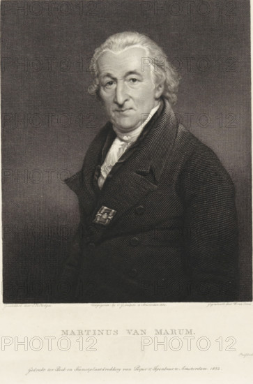 Portrait of Martinus van Marum, print, Portrait of the chemist and physicist Martinus van Marum., inscription: 'Presented to the municipal government of the City of Amsterdam, by the undersigned as publisher in accordance with Art. 6 die, Act of 17 January 1817., Amsterdam 22 June 1832, CG Sulpke', stamp: 'Awarded by KN Institute Fourth Class MDCCCXXXI', printmaker: Willem van Senus, after painting by Charles Howard Hodges, publisher: CG Sulpce, Amsterdam, printer (person): Pieper & Ipenbuur, dedicated to: City of Amsterdam, 1832-06-21, printer (person), materials by function, paper, ink, etching, engraving, pen, engraving and pen in brown, proof, height 260 mm x width 203 mm, Person, Martinus van Marum, A monochrome engraved portrait of an older man shown from the waist up, turned slightly to his right, with wavy light hair combed back and side curls, a lined face and a neutral expression; he wears a dark high-collared coat with textured fabric and a folded white cravat at his neck, a...