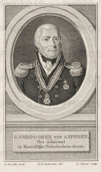 Portrait of Gerrit Verdooren van Asperen, print, printmaker: Dirk Sluyter, Amsterdam, after painting by Adriaan de Lelie, after drawing by Haatje Pieters Oosterhuis, in or after 1815, paper, etching, stippelwerk, engraving, stippelwerk and gravure, height 150 mm x width 94 mm, Person, Gerrit Verdooren van Asperen, A black and white engraved portrait of a man shown from the chest up within an oval frame, wearing a formal military coat with ornate shoulder epaulettes and layered collars, a decorative sash around his neck with a large medal suspended at the front and another star-shaped medal on his chest, his hair is short and light, his expression neutral, the background inside the oval is textured with fine crosshatching and the surrounding rectangular border contains patterned lines and engraved shading.