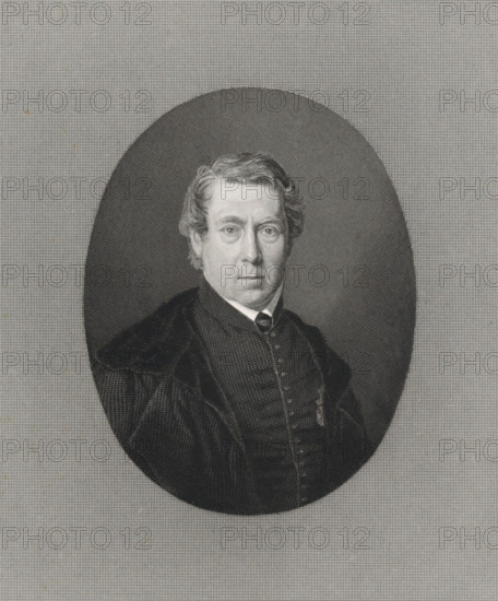 Portrait of the painter and theologian Cornelis Broere, print, printmaker: Dirk Jurriaan Sluyter, Amsterdam, after painting by Cornelis Broere, 1860 - 1879, paper, steel engraving, etching, steel engraving and etching, height 303 mm x width 211 mm, Person, portrait, self-portrait of painter, A monochrome engraved portrait of a middle-aged man shown from the chest up inside an oval vignette, with wavy hair swept to the side, a high forehead, and a composed facial expression, wearing a dark textured coat with a high collar over a buttoned waistcoat and a visible collar and tie, all rendered with fine crosshatching and stippled shading against a finely patterned background.