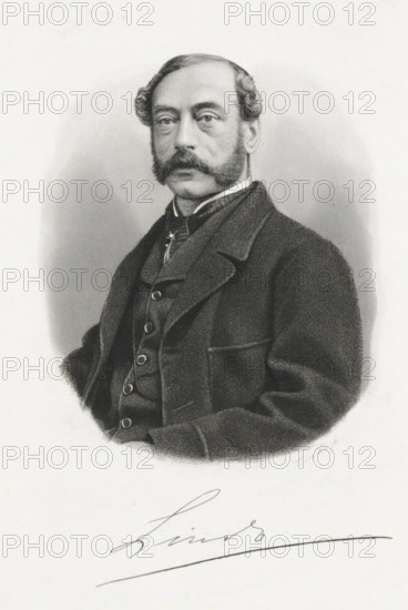 Portrait of Lintz, print, printmaker: Dirk Jurriaan Sluyter, Amsterdam, 1826 - 1886, paper, steel engraving, etching, stippelets, etching and stippelets, height 173 mm x width 113 mm, Person, Lintz, A black and white engraved portrait of a seated man shown from the waist up, with a high forehead and neatly combed hair that curls at the sides, prominent sideburns and a mustache, wearing a high-collared shirt and cravat beneath a buttoned waistcoat and a textured overcoat, his gaze directed forward and his hands resting out of frame against a light, softly shaded oval background.