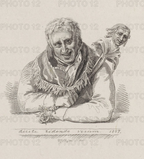 Portrait of Jan van Walré with a jester's staff, print, Portrait of Jan van Walré with a jester's staff and a fool's cap, made in memory of his Grand Mastership of the satirical poetry society Democriet from Haarlem in 1807. Below the portrait the motto 'Dicite ridendo verum'., printmaker: Dirk Jurriaan Sluyter, Amsterdam, 1835, Dirk Jurriaan Sluyter, printmaker, paper, chine collé, etching, engraving, etching and engraving on chine collé, height 234 mm x width 152 mm, Person, Jan van Walré, fool's cap, attributes of court jester, A detailed black and white line drawing of an older person leaning forward with arms crossed on a surface, wearing layered clothing with a textured shawl around the shoulders and a high collar; the face shows short wavy hair, visible eyes looking slightly upward, a pronounced nose, and a subtle smile with visible teeth; behind the person, a smaller jester-like figure with a cap adorned with small round bells leans forward from the shoulder, its face turned to...