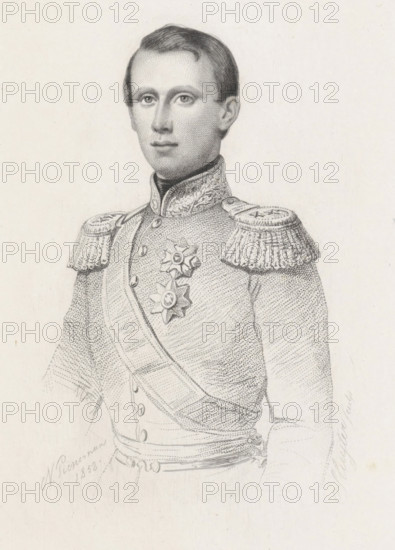 Portrait of Willem (Wiwill) of Orange, Crown Prince of the Netherlands, print, Crown Prince of the Netherlands in uniform, printmaker: Dirk Jurriaan Sluyter, Amsterdam, after design by Nicolaas Pieneman, 1852 - 1886, paper, chine collé, etching, steel engraving, roulette, steel engraving and roulette on chine collé, height 192 mm x width 121 mm, Person, Willem (Prince of the Netherlands), A detailed pencil sketch of a young man shown from the torso up wearing a formal military-style jacket with ornate embroidered collar and decorative shoulder epaulettes, a sash crossing his chest, and two star-shaped medals pinned to the left side; his hair is short and combed to the side, his face is clean-shaven with neutral expression and direct gaze, and the background is plain.