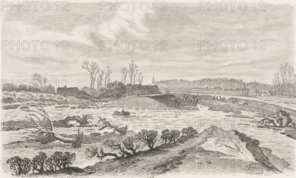 Flooded landscape, no. 21, print, Series number, 21, Flooded river landscape with uprooted trees. Men with wheelbarrows walk towards a hole in the dike. In the background a small village and a church. Numbered '21'., printmaker: Jacobus Sörensen, Amsterdam, 1827 - 1857, paper, etching, roulette, intaglio printmaking technique, etching and roulette with plate tone, height 144 mm x width 237 mm, river, the Flood and destruction of mankind, story of Noah (Genesis 7:10 - 8:17), A wide monochrome landscape rendered in fine pencil or ink lines shows a river or flooded plain in the foreground with low, scrubby bushes and twisted, uprooted tree trunks lying across shallow water and wet ground; a dirt path or embankment runs from the lower right toward the middle, edged by clumps of vegetation and rough, textured earth. Midground features a low bridge or causeway crossing the water with two small human figures visible on it and a small boat in the water nearby; beyond the bridge are clusters of...