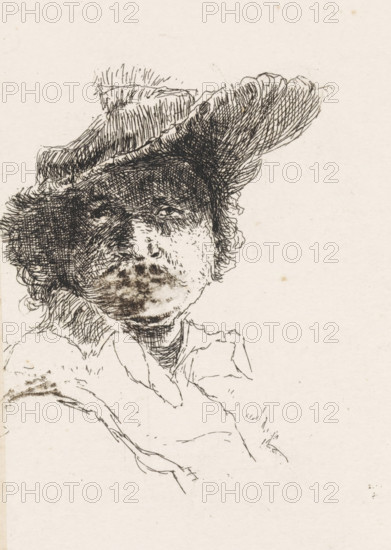 Bust of a man with a hat on his head, print, printmaker: Elias Stark, Netherlands, 1859 - 1933, paper, chine collé, etching, etching on chine collé, height 123 mm x width 96 mm, adult man, head-gear: hat (men's clothes), A pen-and-ink sketch on a lightly stained pale paper showing a person wearing a wide-brimmed hat with textured crosshatching; the face is rendered with dense, dark strokes around the eyes and upper face, lighter stippling and smudged marks around the mouth and chin, and loose curly hair visible at the edges of the hat; a loosely drawn collar and shoulder are sketched beneath the head with light, unfinished lines, and small spots and faint marks appear on the surrounding paper.