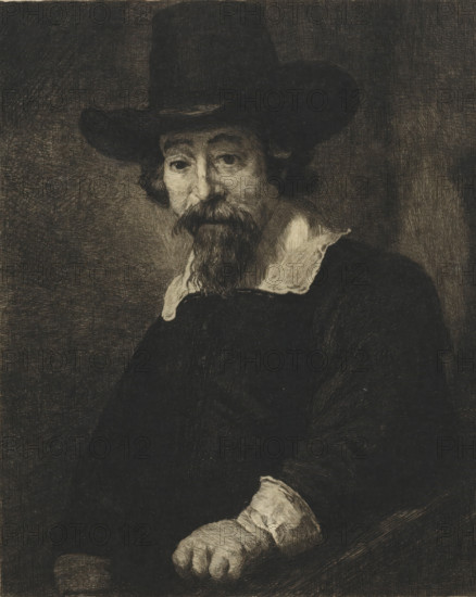 Portrait of a man, presumably Dr. Ephraim Hezekiah Bueno, print, Jewish physician and man of letters in Amsterdam. Half-length, standing and leaning with his left hand on the banister of a staircase. On his head, a tall black hat. Lower left margin a coat of arms on a twig with leaves., printmaker: Willem Steelink (II) (signed by artist), Netherlands, after painting by Rembrandt van Rijn, 1888 - 1891, paper, etching, height 345 mm x width 249 mm, Person, Ephraim Hezekiah Bueno, historical persons, physician, doctor, head-gear: hat (men's clothes), A monochrome etching shows a seated man wearing a wide-brimmed dark hat and a dark coat with a light, turned collar; his face is detailed with a mustache and a pointed beard, visible eyes and furrowed features, and his hair peeks from under the hat; one hand rests in his lap, gloved or covered by a light cuff, while the background is textured and shaded.