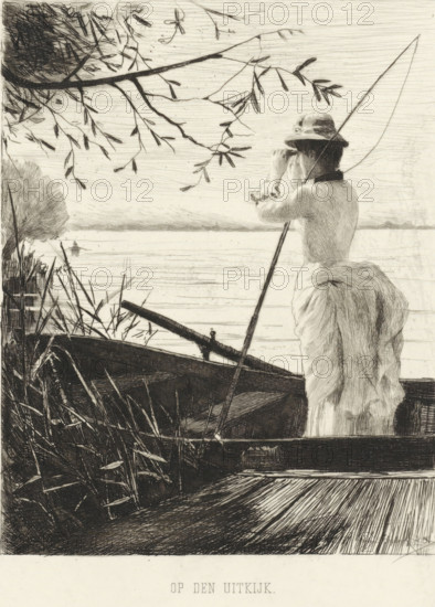 On the Lookout, Woman on the lookout, print, A woman stands in a rowboat with a fishing rod over her shoulder and peers through binoculars at a rowboat., printmaker: Willem Steelink (II), Amsterdam, 1885, paper, chine collé, etching, etching on chine collé, height 230 mm x width 175 mm, rowing-boat, canoe, binoculars, spy-glass, A monochrome drawing shows a person standing at the edge of a body of water, seen from behind and turned slightly to the side, wearing a hat and a long coat with a textured fur-like back, holding a long pole and looking through a small handheld object toward the water; a small boat with an oar is in the foreground among tall reeds and grasses, and tree branches with slender leaves extend across the upper left of the scene, while the water stretches to a distant, low shoreline beneath a lined sky.