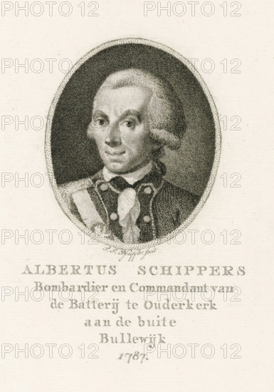 Portrait of Albertus Schippers, print, printmaker: François Joseph Pfeiffer (I), Amsterdam, 1787, paper, etching, aquatint, etching and aquatint, height 233 mm x width 175 mm, Person, Albertus Skippers, An oval black and white stippled portrait of a man shown from the chest up set against a dark textured background, the man has light-colored hair styled away from his face with side curls, a high forehead, arched eyebrows, and a slight smile; he wears a decorated military-style coat with visible buttons and a sash across one shoulder and a cravat at his neck, and the oval portrait is surrounded by a dotted border and placed on a pale paper background.