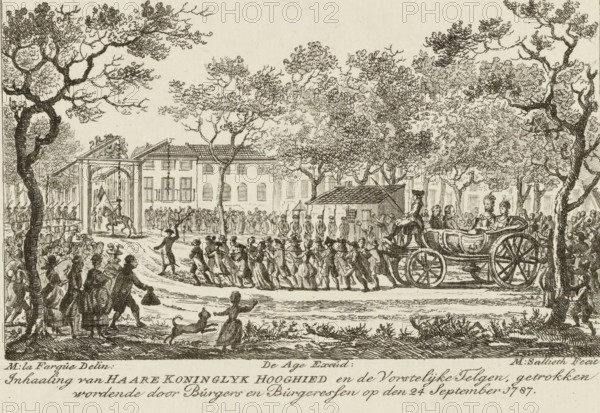 Welcoming of Her Royal Highness and the Princely Offspring, drawn by Citizens and Citizenesses on September 24, 1787, Welcome of the Princess of Orange and the children, print, Welcome of the Princess of Orange and the children by the citizenry in The Hague, September 24, 1787. The open carriage with the princely family is drawn by men and women along the road to the Boschbrug., printmaker: Mathias de Sallieth, after drawing by Maria Margaretha la Fargue, publisher: Johannes François Jacobs d' Agé, Mathias de Sallieth, Maria Margaretha la Fargue, Johannes François Jacobs d' Agé, paper, etching, height 125 mm x width 201 mm, Person, Wilhelmina of Prussia (1751-1820), public festivities at other royal events, not meant or mentioned above, human being(s) drawing or pushing a vehicle not usually propelled by manpower, Restoration of Stadtholder William V (1787), The Hague, Period, 1787-09-24, A detailed monochrome engraving shows a tree-lined street scene with many people gathered along th...