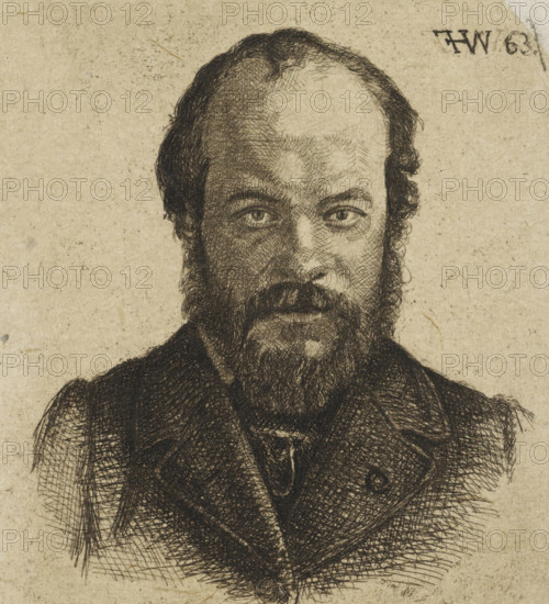 Portrait of Jan Weissenbruch, print, Portrait of the artist Jan Weissenbruch, older brother and teacher of the manufacturing artist., printmaker: Frederik Hendrik Weissenbruch, The Hague, 1863, paper, chine collé, etching, etching on chine collé, height 87 mm, width 93 mm, Person, Jan Weissenbruch, historical persons, portrait, self-portrait of artist, beard, A detailed pen-and-ink portrait of a bearded man from the shoulders up, showing a receding hairline with dark, curly hair at the sides, a full thick beard and mustache, and deep-set eyes with detailed cross-hatching around the brows and cheeks; he wears a dark jacket with visible lapels and textured shading over a lighter shirt, and the background is a textured, aged paper with scattered speckles and small blemishes.