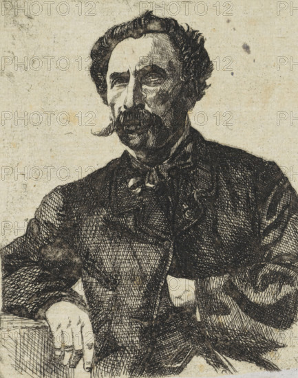 Portrait of Samuel Verveer, print, Portrait of the artist Samuel Verveer, teacher of Jan Weissenbruch, the older brother of the manufacturing artist., printmaker: Frederik Hendrik Weissenbruch, The Hague, 1863, paper, chine collé, etching, etching on chine collé, height 86 mm, width 71 mm, Person, Salomon Leonardus Verveer, historical persons, portrait, self-portrait of artist, mustache, A monochrome ink drawing of a seated man shown from the waist up, with textured crosshatching defining his hair, facial features, clothing, and hands; he has dark wavy hair and a prominent mustache, a stern facial expression with shadowed eyes, and a slight tilt to his head; he wears a dark jacket and a cravat, and one hand rests on an arm or surface while the other is tucked near his waist; the background is blank and paper-textured with subtle spots and marks.
