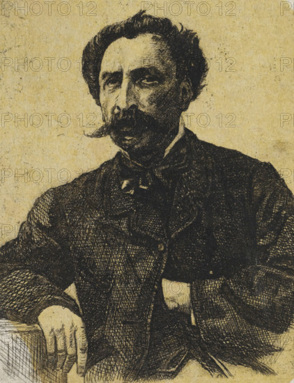 Portrait of Samuel Verveer, print, Portrait of the artist Samuel Verveer, teacher of Jan Weissenbruch, the older brother of the manufacturing artist., printmaker: Frederik Hendrik Weissenbruch, The Hague, 1863, paper, chine collé, etching, etching on chine collé, height 87 mm, width 85 mm, Person, Salomon Leonardus Verveer, historical persons, portrait, self-portrait of artist, mustache, A sepia-toned ink drawing of a seated man shown from the waist up, with dark curly hair, a prominent mustache, and a serious facial expression; he wears a dark jacket over a shirt with a visible collar and a bow at the neck, and his left arm rests on an armrest with his hand draped over it, while cross-hatched shading creates texture on his clothing and skin against a plain textured background.