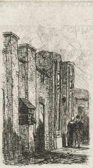 Wall in Culemborg, print, A man and a woman standing by a wall, possibly a city wall, with battlement-like details and a wooden box., printmaker: Jan Weissenbruch, Culemborg (possibly), 1837 - 1880, paper, chine collé, etching, etching on chine collé, height 80 mm x width 47 mm, fence, wall, eel, city-walls, A vertical pen-and-ink scene shows a narrow street flanked by tall, textured stone buildings with arched doorways and protruding architectural elements, their surfaces rendered with dense crosshatching and vertical lines. The sky above is filled with soft, cloud-like pencil or ink strokes. Near the lower right, two small figures stand close together facing away, one wearing a rounded head covering and the other with a hat, their dark silhouettes contrasting with the lighter stonework. The ground is shaded with parallel strokes, and the composition emphasizes the height and weathered detail of the masonry.
