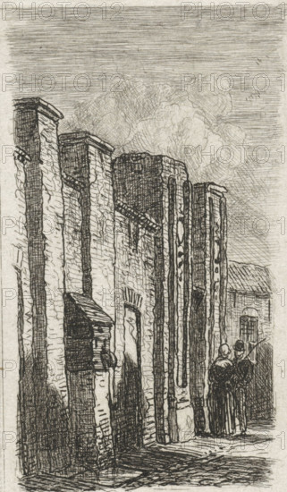 Wall in Culemborg, print, A man and a woman stand by a wall, possibly a city wall, with battlement-like details and a wooden box., printmaker: Jan Weissenbruch, Culemborg (possibly), 1837 - 1880, paper, chine collé, etching, etching on chine collé, height 80 mm x width 47 mm, fence, wall, eel, city-walls, A tall vertical view of a narrow street bordered by tall, textured stone buildings with visible mortar lines and rectangular recesses, their facades shaded with dense crosshatching and vertical strokes; the sky above is filled with horizontal lines and a cluster of rounded, billowing clouds drawn with curving, overlapping pencil strokes; near the right edge two figures stand close together facing away, one wearing a rounded head covering and the other wearing a brimmed hat and holding a long thin object, both rendered in dark, closely hatched shading; doorways and window openings interrupt the building walls, and a small pitched-roof structure projects from one wall casting shadow, wh...