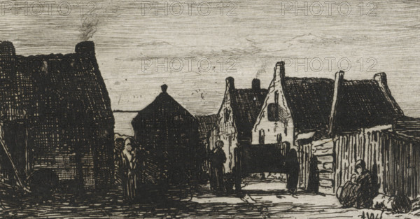 View of Scheveningen, print, A few houses lie along a narrow road. A cart stands on the road and a few figures are depicted., printmaker: Jan Weissenbruch, The Hague, 1837 - 1880, paper, chine collé, etching, etching on chine collé, height 49 mm x width 86 mm, city-view, and landscape with man-made constructions, (farm) wagon, freight wagon, cart, housing, Scheveningen, A monochrome sketch of a narrow village street lined with tall, steep-roofed buildings and a wooden fence, with textured shading across walls and roofs and light horizontal lines filling the sky; several small human figures stand or gather near the buildings and a seated figure reclines by the fence holding something in their lap; chimneys rise from rooftops and one shows a wisp of smoke, while rough ground textures and shadowed doorways are visible along the street.
