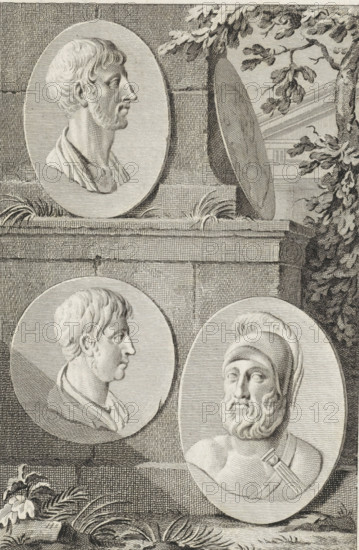 Medallions with portraits of Pericles, Fabius Maximus, Alcibiades, and Coriolanus, print, printmaker: Reinier Vinkeles (I), Amsterdam, after drawing by Jacobus Buys, 1789 - 1809, paper, etching, proof print, height 235 mm x width 157 mm, Later state print also used as book illustration in: Plutarchus edited by E. Wassenbergh and H. Bosscha. The lives of illustrious Greeks and Romans, compared with one another, 12 vols. Amsterdam: Johannes Allart, 1789-1809., (story of) Coriolanus, (story of) Alcibiades, (story of) Pericles, (story of) Quintus Fabius Maximus Cunctator, A detailed engraved scene showing three oval medallion portraits mounted on a stone wall, each containing a sculpted head in profile or three-quarter view; the top medallion displays a bearded man facing right with short wavy hair and a draped garment at his shoulders, the lower left medallion shows a clean-shaven younger man in profile facing right with short hair and a simple drape at his neck, and the lower right medal...