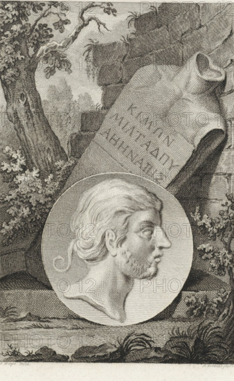 Medallion with the portrait of the Athenian statesman Cimon, print, printmaker: Reinier Vinkeles (I), Amsterdam, after drawing by Jacobus Buys, 1797, paper, etching, proof print, height 240 mm x width 156 mm, Later state print also used as book illustration in: Plutarchus edited by E. Wassenbergh and H. Bosscha. The lives of illustrious Greeks and Romans, compared among themselves, 12 vols. Amsterdam: Johannes Allart, 1789-1809., (story of) Cimon the Athenian, A detailed engraved scene shows a classical profile bust of a bearded man set within a circular medallion, his hair wavy and pulled back with a small curl at the nape and his facial features finely lined. Behind the medallion a draped torso or sculpted garment leans against a textured stone wall or ruin, with blocks and cracks visible and small plants sprouting from crevices. To the left a gnarled tree trunk with leafy branches extends upward, surrounded by dense foliage and shrubs. The foreground contains rocky ground with low g...