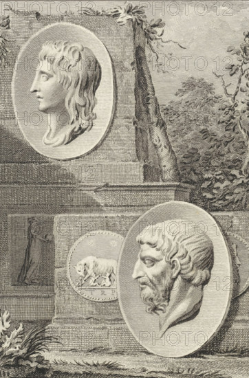 Medallions with portraits of Theseus and Romulus, print, Medallions with portraits of the Athenian hero Theseus and the Roman king Romulus, against stone pedestals. Next to the portrait of Theseus is his club and by the portrait of Romulus another medallion with the she-wolf suckling Romulus and Remus., printmaker: Reinier Vinkeles (I), Amsterdam, after drawing by Jacobus Buys, 1789, paper, etching, proof print, height 236 mm x width 158 mm, Later state print also used as book illustration in: Plutarchus edited by E. Wassenbergh and H. Bosscha. The lives of illustrious Greeks and Romans, compared among themselves, 12 vols. Amsterdam: Johannes Allart, 1789-1809., weapons for striking a blow: club, (story of) Theseus, base (, column, pillar), Romulus as king of Rome, An engraved scene showing two oval medallion reliefs of classical profiles mounted on a stone structure, the upper medallion depicting a left-facing profile with long wavy hair and smooth facial features, the lower medallion...