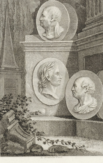 Medallions with portraits of Phocion, Tiberius and Gaius Sempronius Gracchus, print, Medallions with portraits of the Athenian statesman Phocion, the Roman princeps Tiberius Claudius Nero and the Roman politician Gaius Sempronius Gracchus, against stone pedestals., printmaker: Reinier Vinkeles (I), Amsterdam, 1789 - 1809, paper, etching, proof, height 242 mm x width 153 mm, Later state print also used as a book illustration in: Plutarch edited by E. Wassenbergh and H. Bosscha. The lives of illustrious Greeks and Romans, compared to each other, 12 vols. Amsterdam: Johannes Allart, 1789-1809., Person, Tiberius Gemellus, base (, column, pillar), (story of) Phocion, (story of) Gaius Sempronius Gracchus, A detailed etching shows a stone pedestal with three circular reliefs displaying profile busts of different faces set against a textured architectural background; the upper relief features a bald male profile looking left, the central relief shows a laurel-crowned profile facing right, and ...