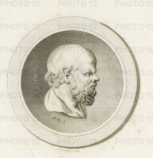 Medallion with the portrait of the philosopher Socrates, print, printmaker: Reinier Vinkeles (I), Amsterdam, 1800, paper, etching, proof print, height 241 mm x width 160 mm, Later state print used as title page for: Xénophon. Memorable Conversations of Socrates. Haarlem: A. Loosjes, 1800., Person, Socrates, A circular engraved portrait shows the profile of an older bearded man facing right, with a bald scalp, curly hair over his ear, and a long wavy beard, rendered with fine stippling and parallel lines; the head and shoulders sit within concentric oval borders filled with dense crosshatching and horizontal line shading, all on a textured off-white paper background with small specks and spots.
