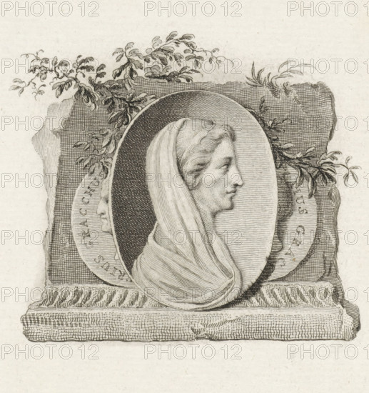Medallion with the portrait of Cornelia, mother of the Gracchi, print, book illustration, Stone with a medallion. On it the portrait of Cornelia, mother of the Gracchi. The portraits of the brothers Gaius and Tiberius Gracchus are partially visible behind the portrait of the woman., printmaker: Reinier Vinkeles (I), Amsterdam, publisher: Adriaan Pietersz. Loosjes, Haarlem, 1798, paper, etching, proof print, height 236 mm x width 155 mm, Roman Antiquities of Freedom and Love of Fatherland. Haarlem: A. Loosjes, 1798., Person, Cornelia Africana, (story of) Tiberius Sempronius Gracchus, (story of) Gaius Sempronius Gracchus, A detailed engraved profile of a person facing right is set within an oval medallion, the figure wearing a draped head covering with visible folds and textured hair at the forehead, the face rendered with fine stippling and line work; the medallion rests on a patterned rectangular plinth with crosshatch and linear textures, and decorative leafy branches and small foliag...