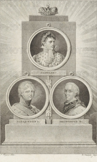 Monument with portraits of Napoleon I Bonaparte, Tsar Alexander I and Francis II, print, Three medallions on a monument, with the portraits of Napoleon I Bonaparte, Emperor of the French, Alexander I, Tsar of Russia and Francis II Joseph Karl, Holy Roman Emperor. On top of the monument a crown and behind it a halo. In the center a fasces., printmaker: Reinier Vinkeles (I), Amsterdam, after drawing by Jacques Kuyper, 1804 - 1816, paper, etching, engraving, etching and engraving, height 251 mm x width 163 mm, Person, Napoleon I (Emperor of the French), Francis II (Holy Roman Emperor), symbols and allegories of law, 'Legge', 'Legge civile' (Ripa) ('fasces cum securibus'), A vertically oriented engraving shows a tiered stone monument with a crowned top and radiating lines in the background. At the upper tier a circular framed portrait contains a bust of a person wearing a laurel wreath and a ruffled collar, facing slightly to the viewer's right. Below this, two circular framed portraits si...