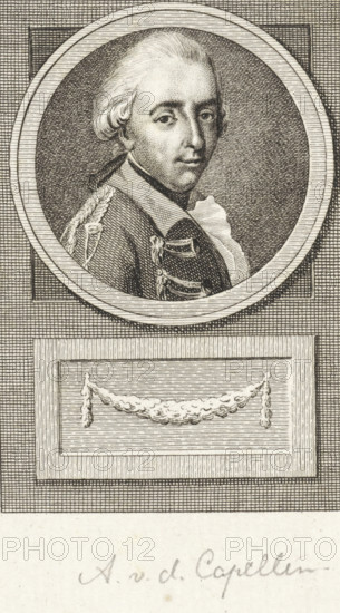 Portrait of Alexander Philip van der Capellen, print, governor of Gorinchem and chamberlain to Prince William V., inscription: 'AvdCapellen, XIX, 30', printmaker: Reinier Vinkeles (I), Amsterdam, 1783 - 1795, paper, etching, proof, height 163 mm x width 113 mm, Later state of print used in: Fokke, Jan. Geschiedenissen der Vereenigde Nederlanden voor de vaderlandsche jeugd Ie-XXVste deel. Amsterdam: Johannes Allart, 1783-1795. Vol. XIX., Person, Alexander Philip van der Capellen, An engraved circular portrait of a man in a framed medallion, showing his upper torso and head turned slightly to one side, with powdered hair styled back and short curls above the ears, wearing a military-style coat with braided epaulette and decorative braiding, and a visible neckcloth; the medallion sits above a rectangular panel containing a carved garland draped between two tassel-like ends, all rendered in dense parallel and crosshatching lines on a textured background.