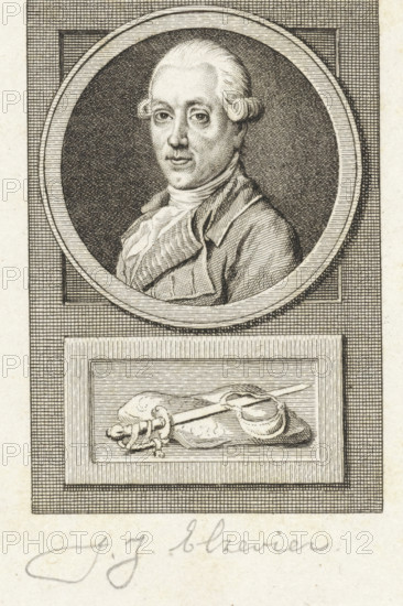 Portrait of Jan Jacob Elzevier, print, councilor of Rotterdam and colonel of the militia. Below the portrait a sword on a cushion., inscription: 'JJElzevier, XVIII, 46', printmaker: Reinier Vinkeles (I), Amsterdam, printmaker: Cornelis Bogerts, after drawing by Jacobus Buys, 1783 - 1795, paper, etching, proof print, height 164 mm x width 114 mm, Later state print used in: Fokke, Jan. Geschiedenissen der Vereenigde Nederlanden voor de vaderlandsche jeugd Ie-XXVste deel. Amsterdam: Johannes Allart, 1783-1795. Part XVII., Person, Jan Jacob Elzevier, hacking and thrusting weapons: sword, A detailed engraved portrait of a man shown from the chest up inside a circular frame, with a textured dark background contrasting the lighter oval border; the man has a powdered hairstyle with rolled side curls, a high forehead, arched eyebrows, and a neutral expression, wearing a high-collared shirt and a draped coat with visible folds and fine line shading; below the circular frame is a rectangular pane...
